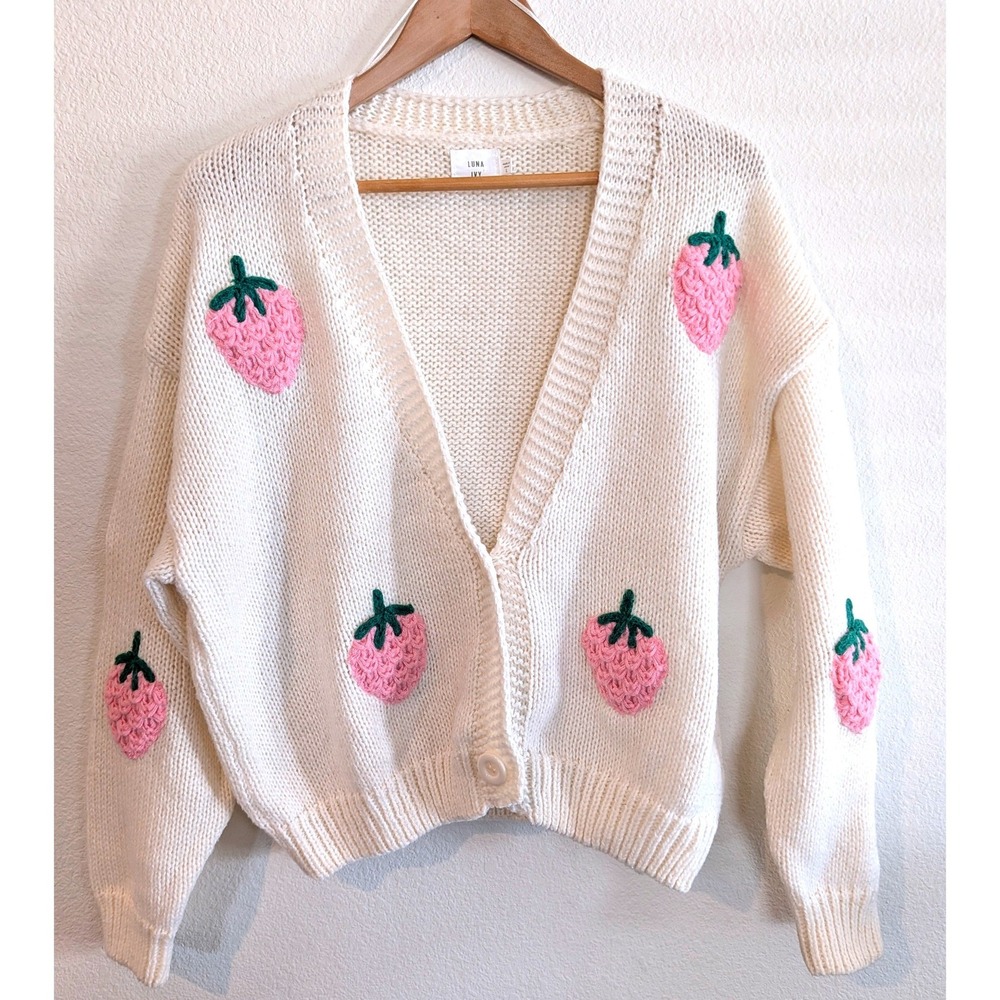 Luna Ivy Strawberry Cardigan Cream Knit Pink Applique V-Neck Sweater CA9525 L
